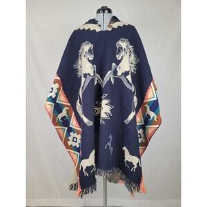 Wool Blend Wild Horse Design Hooded Poncho Navy Blue & Multicolor OS